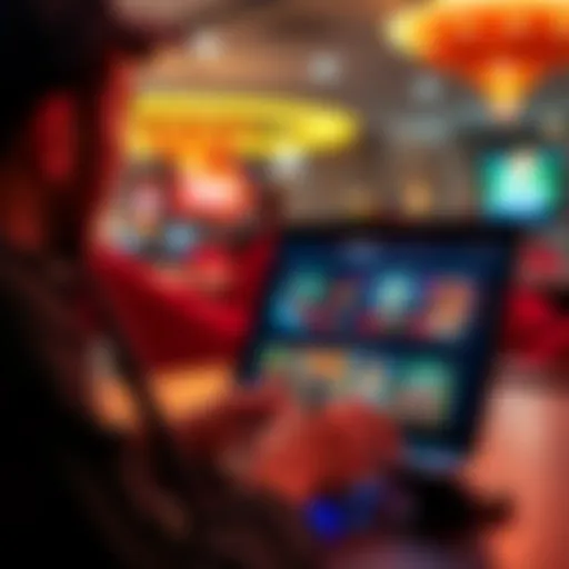 A person looking at a laptop displaying online casino options with colorful graphics and game icons