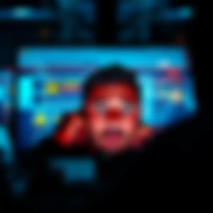 A person looks worried while browsing an online casino website, with warning signs visible on the screen.
