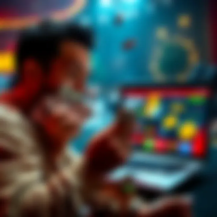 A person excitedly counting cash with a laptop open showing an online casino site