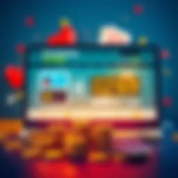 A digital illustration showing a computer screen with an online casino site and a timer indicating a waiting period for withdrawal, along with coins and a credit card.