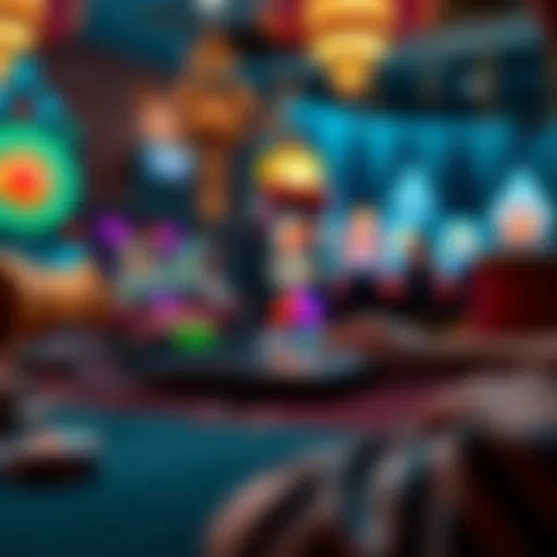 A person playing online casino games on a laptop with colorful graphics on the screen, surrounded by casino-themed decorations.