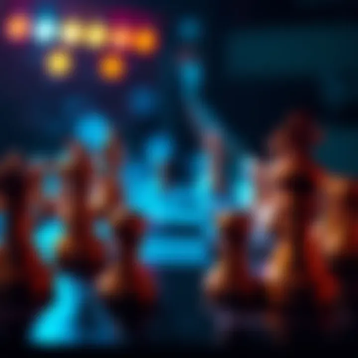 A digital chessboard with pieces in play, showcasing a tense online match