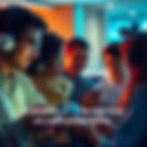 A diverse group of people interacting through their devices, sharing ideas in an online forum.