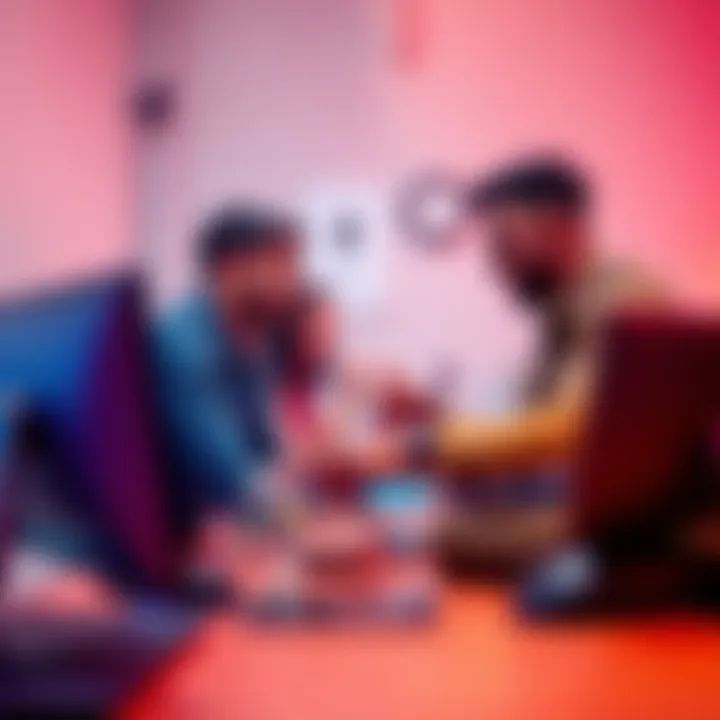 A diverse group of people engaging in a lively discussion at a computer, sharing ideas in an online forum.