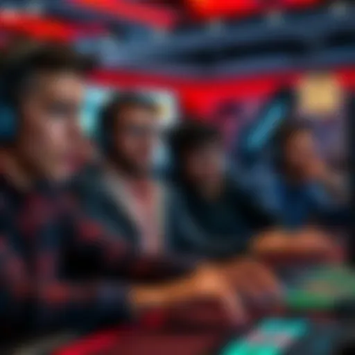 Group of online gamblers looking at their screens, visibly excited or anxious while making risky bets