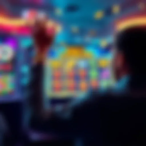 A player celebrating a win in online slot games with a bright screen displaying winning symbols and cash rewards.