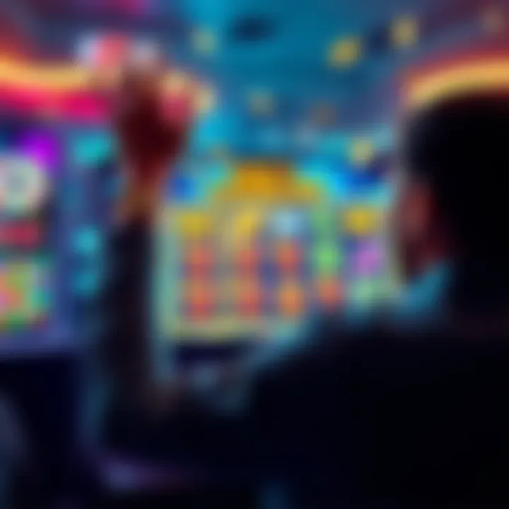 A player celebrating a win in online slot games with a bright screen displaying winning symbols and cash rewards.