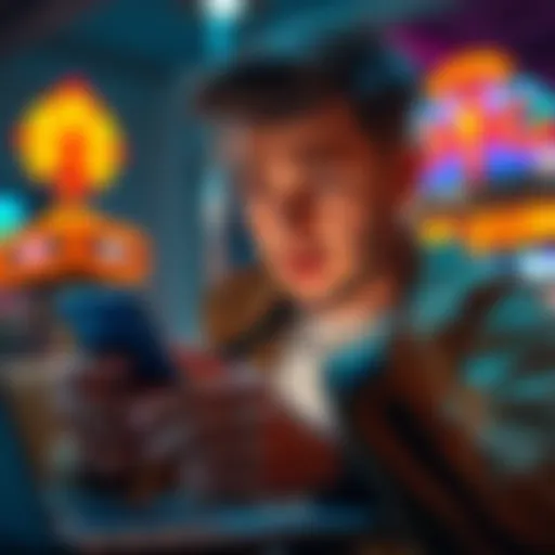 A person using a phone to transfer money to an online gambling site, looking concerned about security issues.