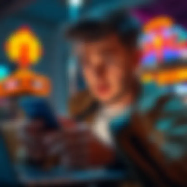 A person using a phone to transfer money to an online gambling site, looking concerned about security issues.