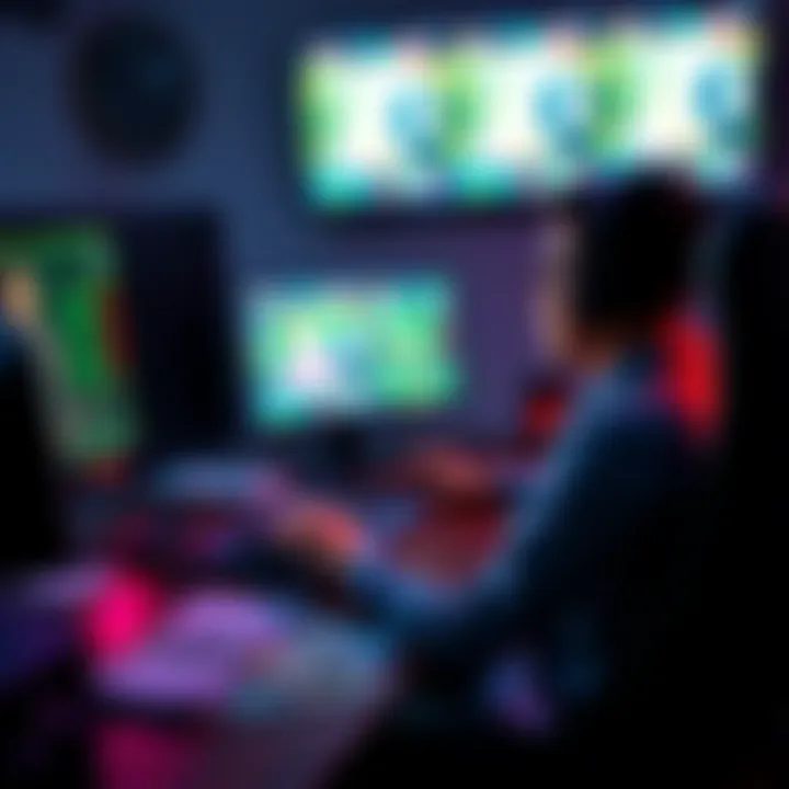 A person sitting at a computer, playing an online game with cash and tax forms on the desk.