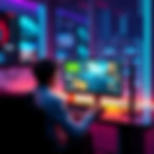 A person sitting at a computer with gaming graphics on the screen, exploring online gaming options.