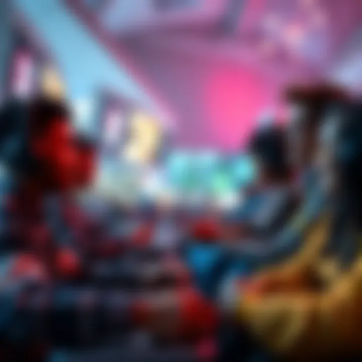 Online Gaming in the US A group of diverse players engaging in online gaming on various devices like laptops and smartphones.