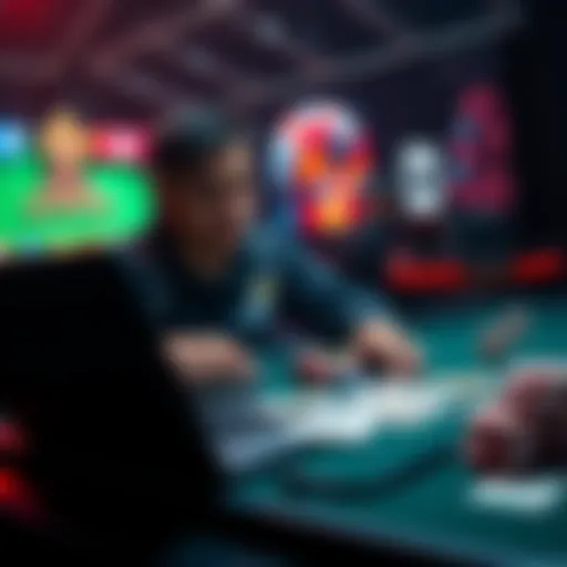 A beginner playing poker on a laptop with poker chips and cards around.