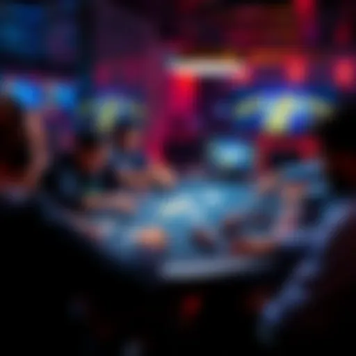 A group of players engaged in an online poker game with cards and chips visible on their screens.