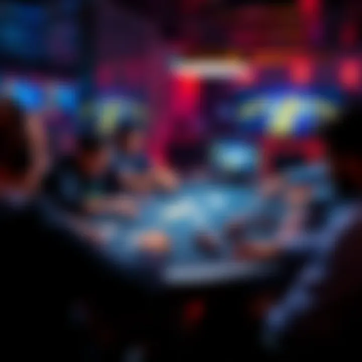 A group of players engaged in an online poker game with cards and chips visible on their screens.