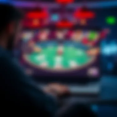 A laptop displaying an online poker table with players' cards and chips on the screen