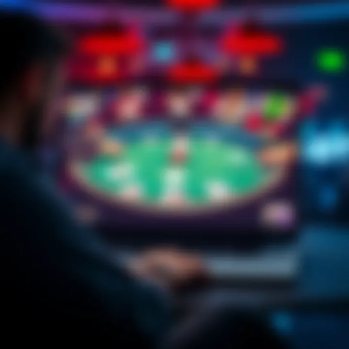 A laptop displaying an online poker table with players' cards and chips on the screen