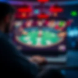 Online poker game A laptop displaying an online poker table with players' cards and chips on the screen
