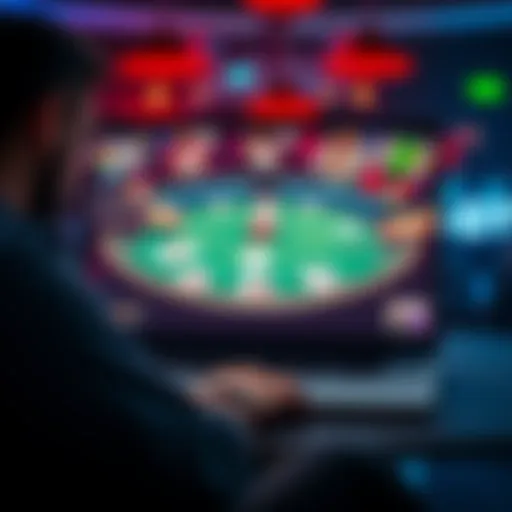 Online poker game A laptop displaying an online poker table with players' cards and chips on the screen