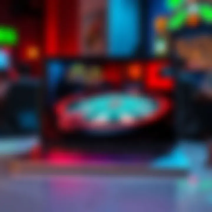 A laptop screen showing a vibrant online poker table with chips and cards.