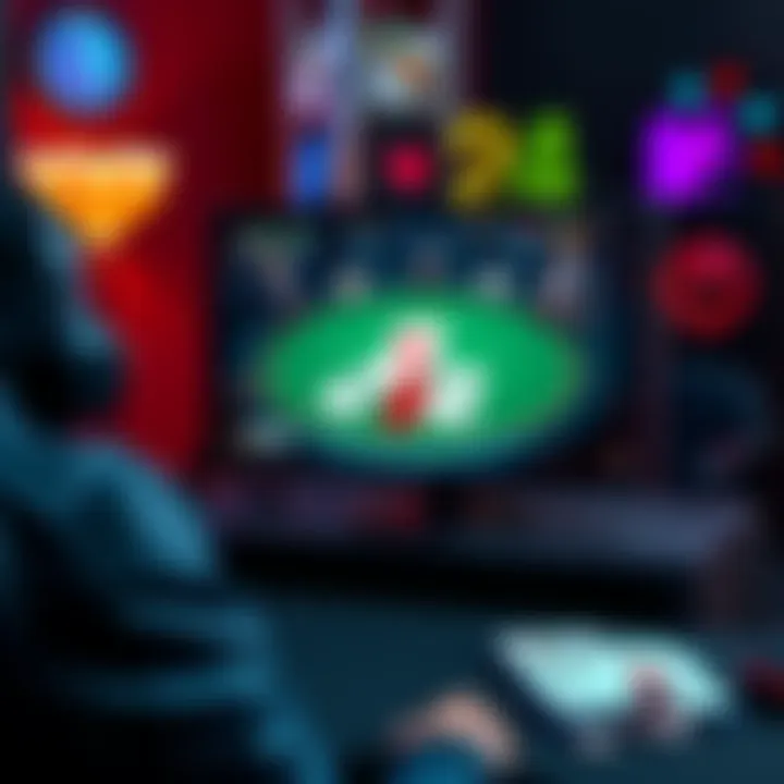 Online poker game setup A player sitting at a computer with poker cards and chips on the screen, showing a virtual poker table