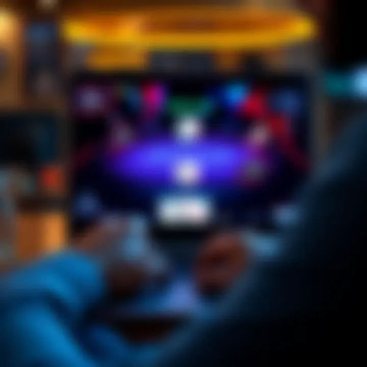 Online Poker Gameplay A person playing poker online on a laptop with cards on the screen, showcasing a virtual poker table setup.