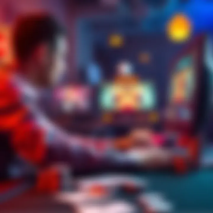 A person playing poker online, focused on the screen, surrounded by poker cards and chips on the table.