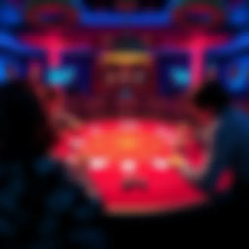 A vibrant online poker table with players engaged in a game, showcasing cards and chips, highlighting the excitement of poker gaming.