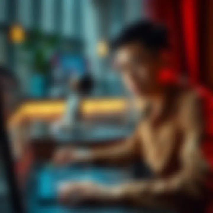 A person playing poker on a computer at home with a worried expression, reflecting the risks of online gambling in Thailand