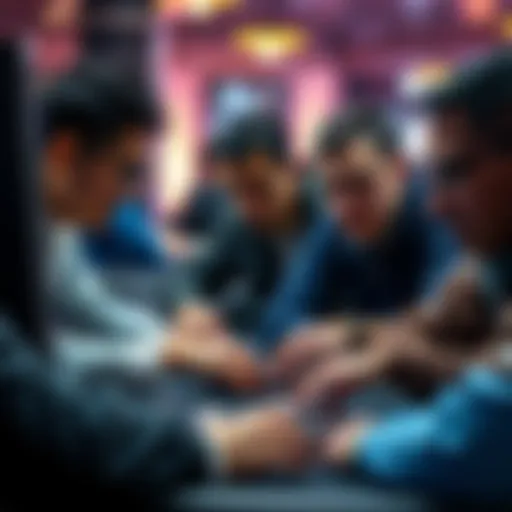 A group of poker players focused on a computer screen during an online MTT session, showing intense expressions and poker chips spread around.