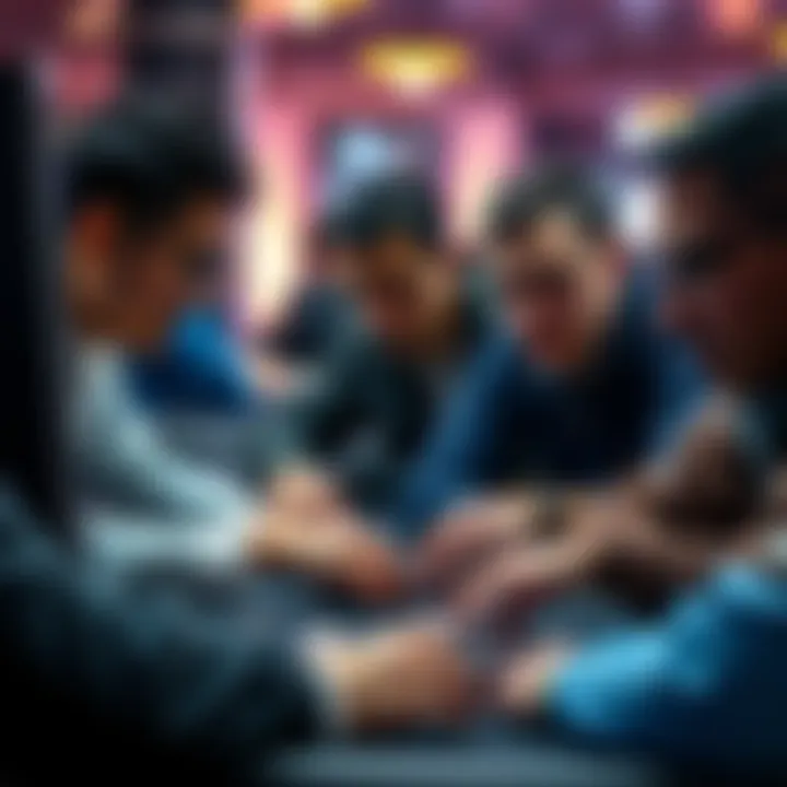 A group of poker players focused on a computer screen during an online MTT session, showing intense expressions and poker chips spread around.