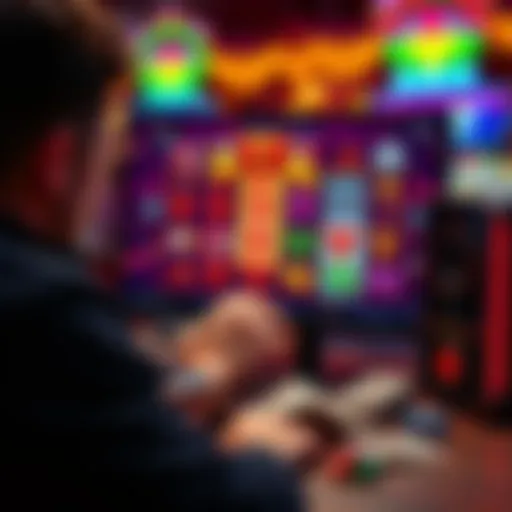 A player engaging with an online slot game on a computer, surrounded by money and strategy guides
