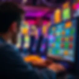 A person looking at a computer screen displaying colorful online slot machines and casino graphics