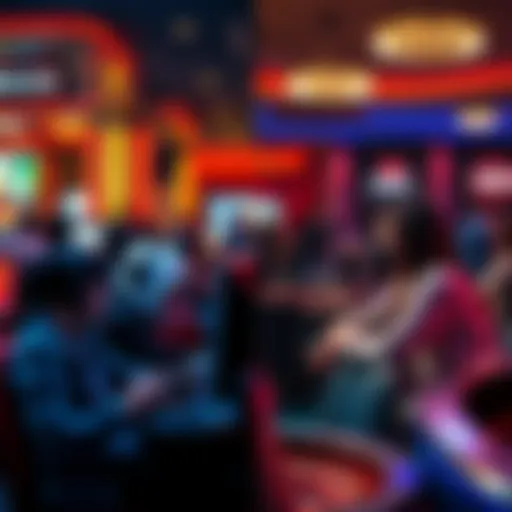 Online vs Live Gaming A split image showing people playing games online at a computer and others engaged in live games at a casino table.
