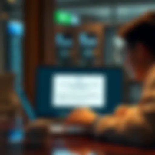 A person checking their bank account on a laptop, indicating the online withdrawal process with a notification about speed and communication.