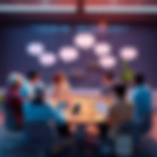 A group of people engaged in a lively discussion at a round table with speech bubbles indicating active conversation.