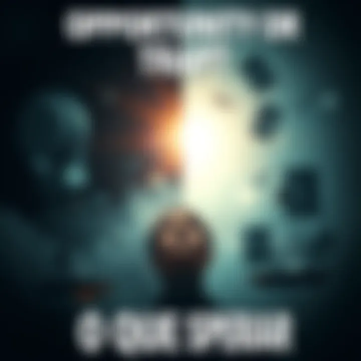 A person weighing options between opportunity and potential risks, with a split background showing light and dark elements.