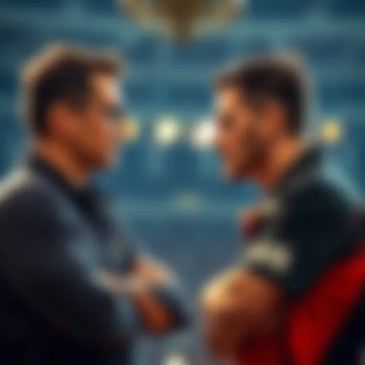 Two competitors discussing strategies after a contest, one appears thoughtful and the other confident.