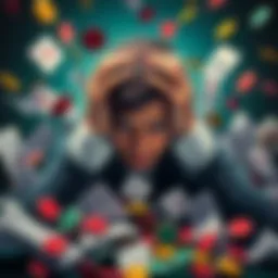 A person holding their head in frustration while surrounded by betting slips and gaming tokens, symbolizing the struggle with gambling addiction.