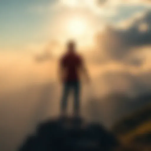 A person stands strong on a mountain top, looking towards the horizon with confidence, symbolizing overcoming emotional pain.