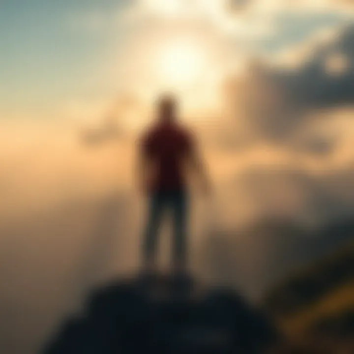 A person stands strong on a mountain top, looking towards the horizon with confidence, symbolizing overcoming emotional pain.