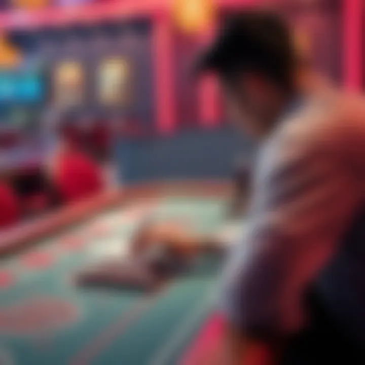 A player contemplating a Pai Gow poker table with traditional and progressive betting options visible.