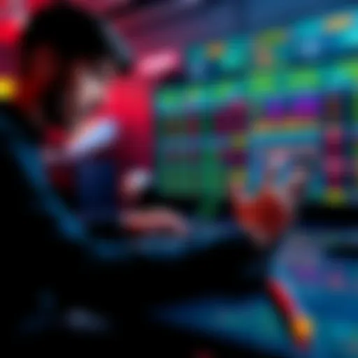 A person studying betting odds and strategies on a laptop with sports graphics in the background.