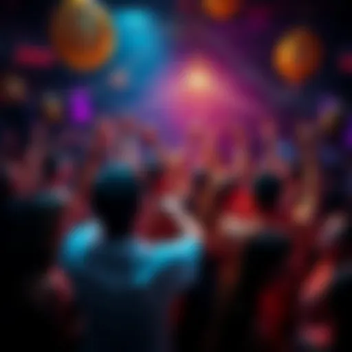 A crowded party scene where people are enjoying themselves excessively, showing wild dancing and lively interactions.