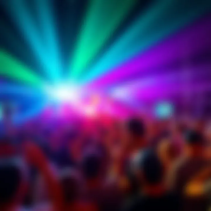 A vibrant crowd enjoying bass music at a lively outdoor festival, dancing and celebrating together.