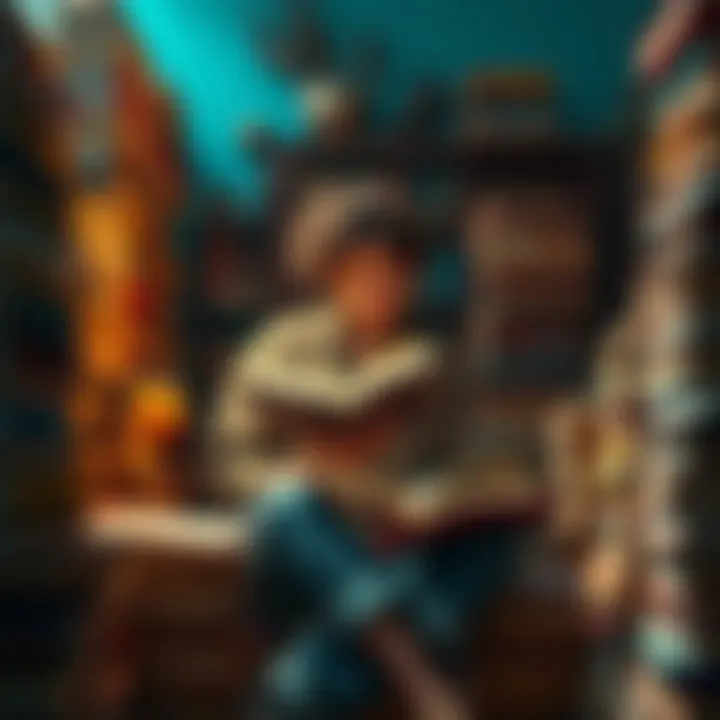 A person sitting surrounded by stacks of books, deeply engaged in reading one.