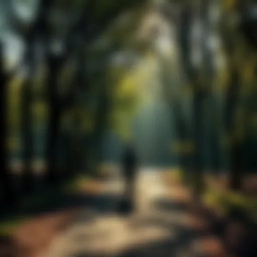 A person walking along a path surrounded by trees, symbolizing reflection and personal growth away from gambling.