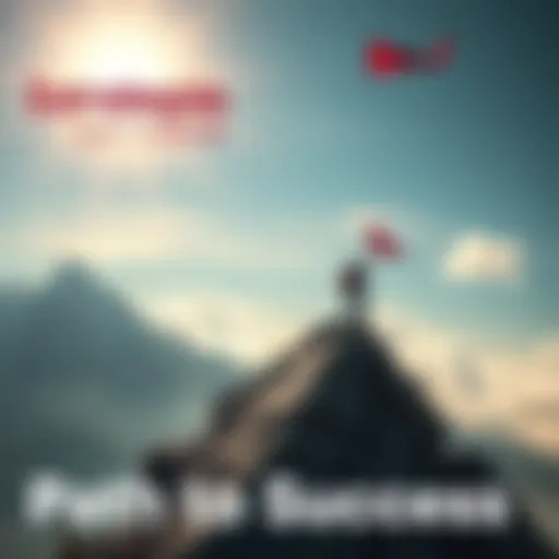 A person climbing a mountain towards a flag at the peak, symbolizing achievement and success