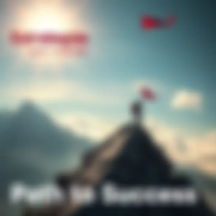 Path to Success A person climbing a mountain towards a flag at the peak, symbolizing achievement and success