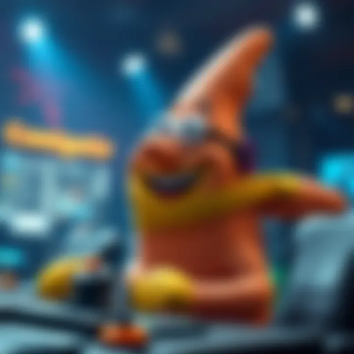 A character resembling Patrick from SpongeBob SquarePants, portrayed as a comical challenger in a gaming tournament setting.